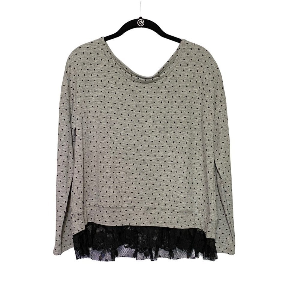 New Verve Ami Long Sleeve Black & Gray Polka Top with Lace Trim Women's Medium